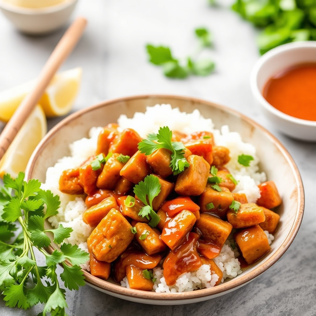 Søt og sur tempeh med krydret peanøttsaus