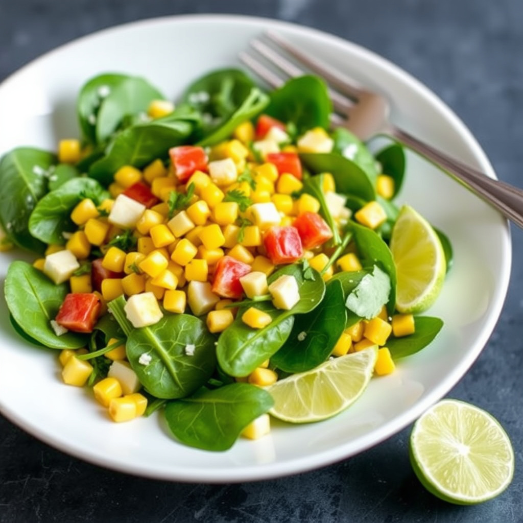 Søtmais, jicama og babyspinat salat med tequila-lime dressing