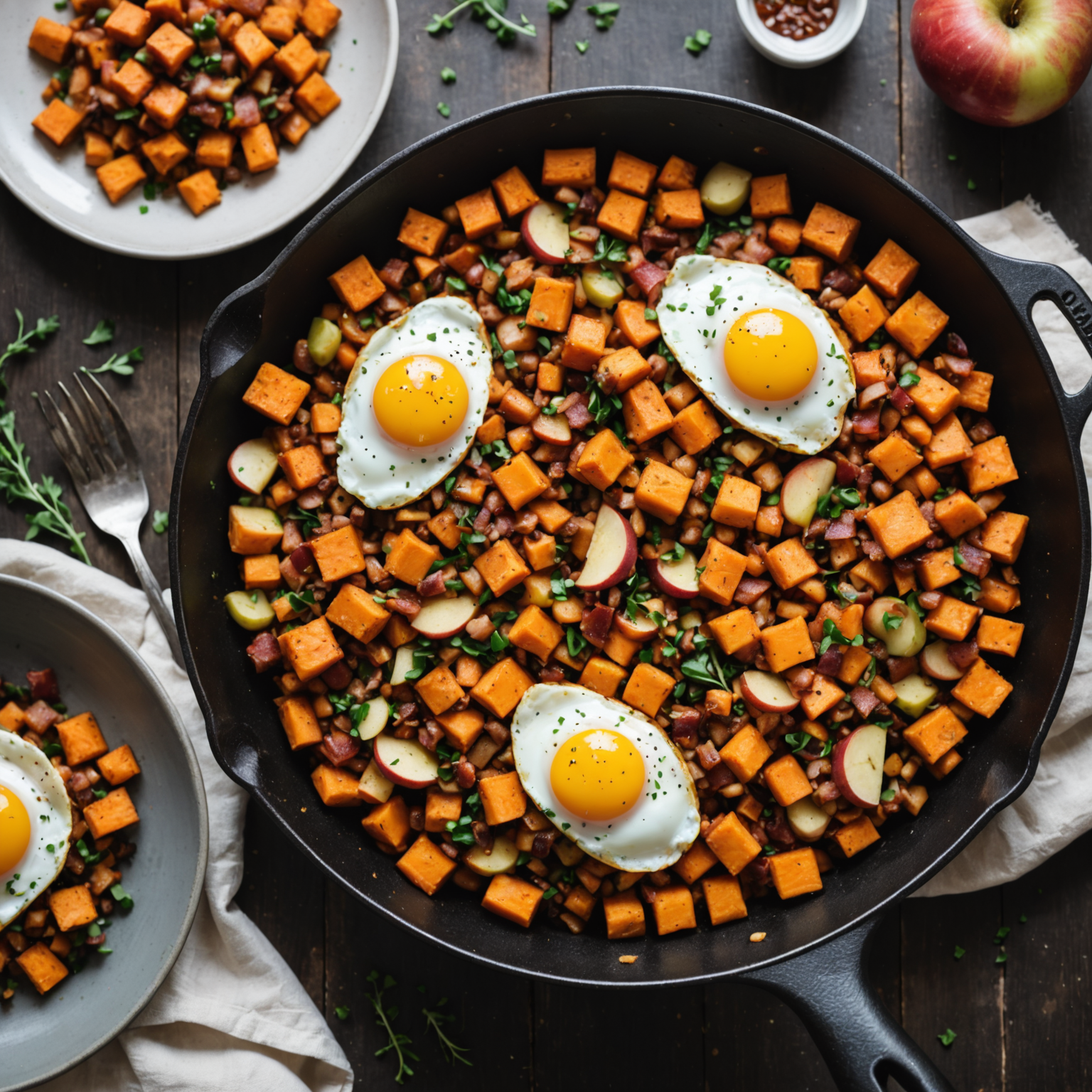 Søtpotet, bacon og eplehash