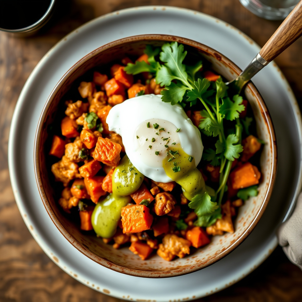 Søtpotet-kyllinghash med posjerte egg og grønn chile-hollandaise