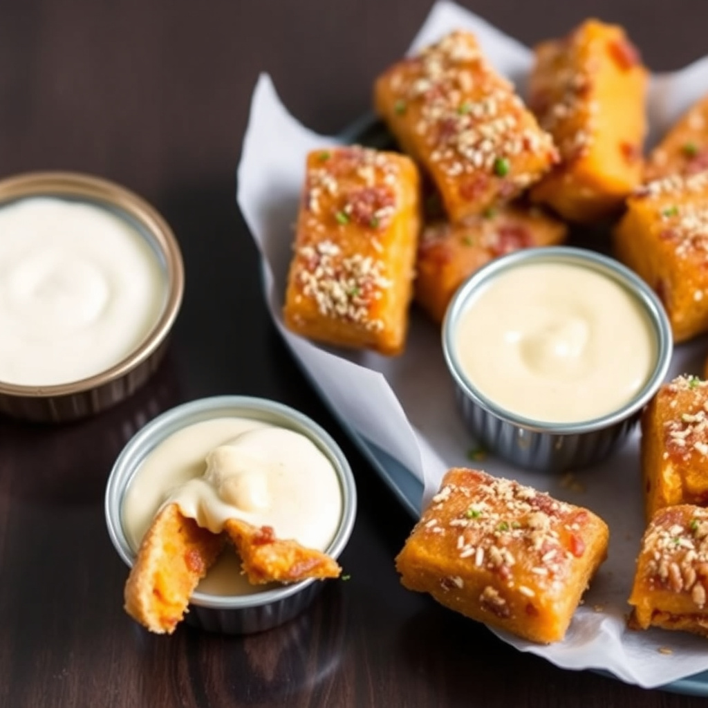 Søtpotet- og baconbiter med kremet sennepsdipp