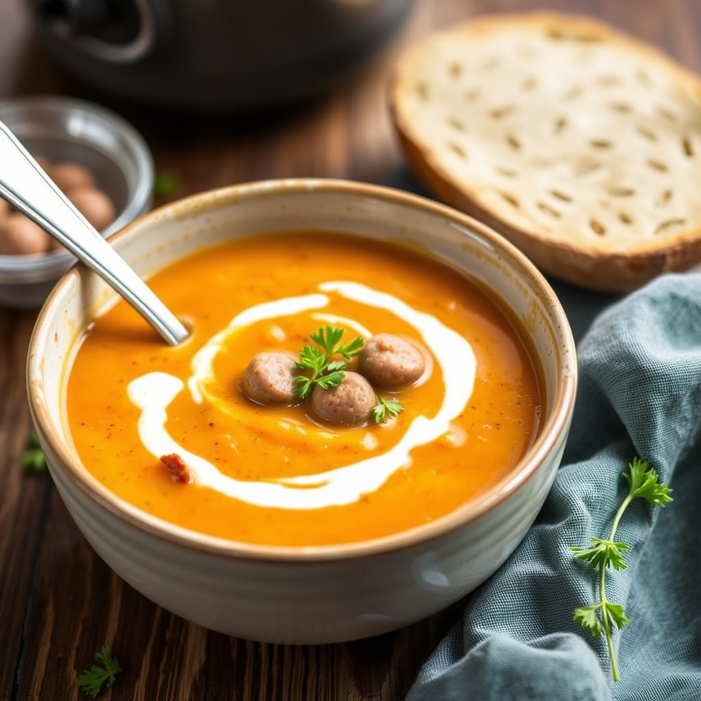 Søtpotet- og pølsesuppe