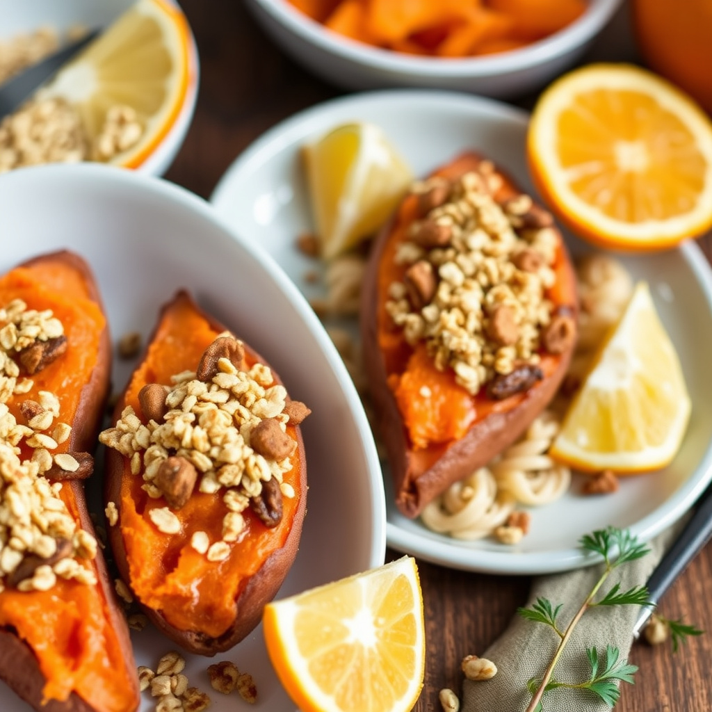 Søtpotetgrateng med appelsin og havrekjeks-topping