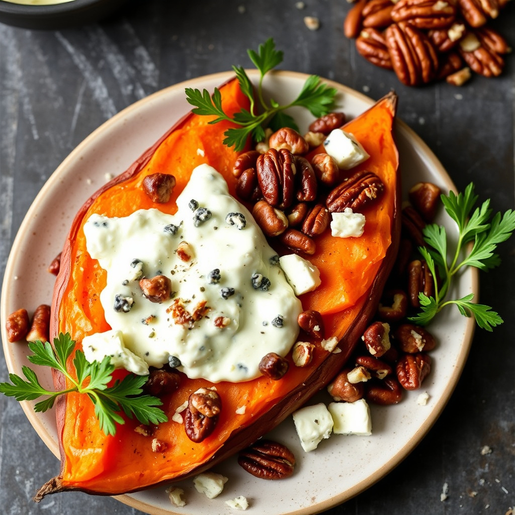 Søtpotetpuré med blåmuggost og pekannøtter