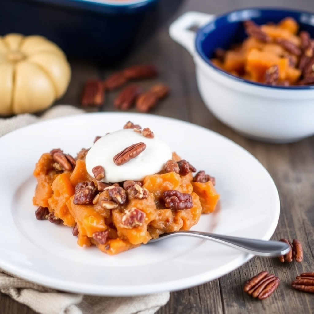 Søtpotetgrateng med tre ingredienser og lønnespice nøtter