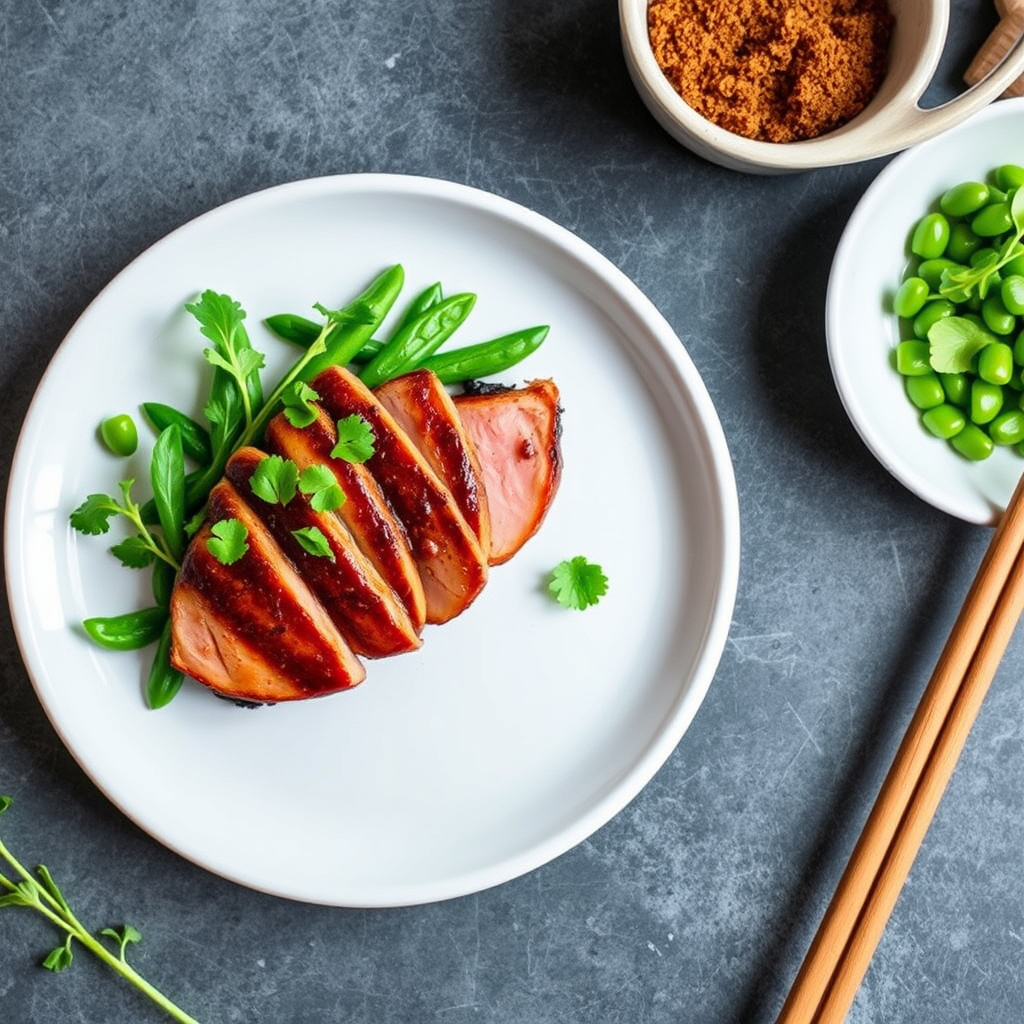 Søtset and med femkrydder, servert med snøerter og vannkreps.