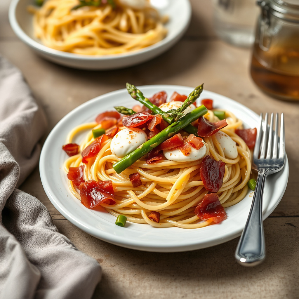 Spaghetti med asparges, røkt mozzarella og prosciutto