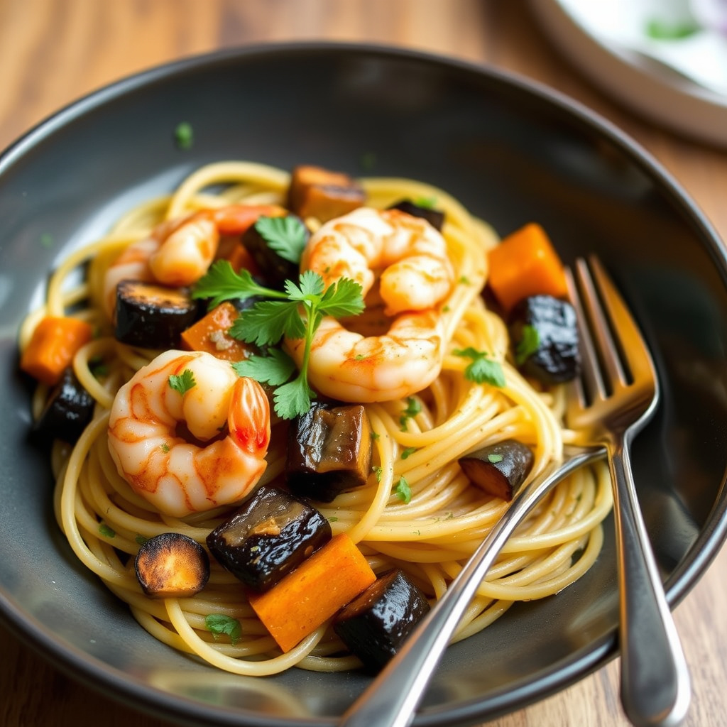 Spaghetti med aubergine, butternut squash og reker