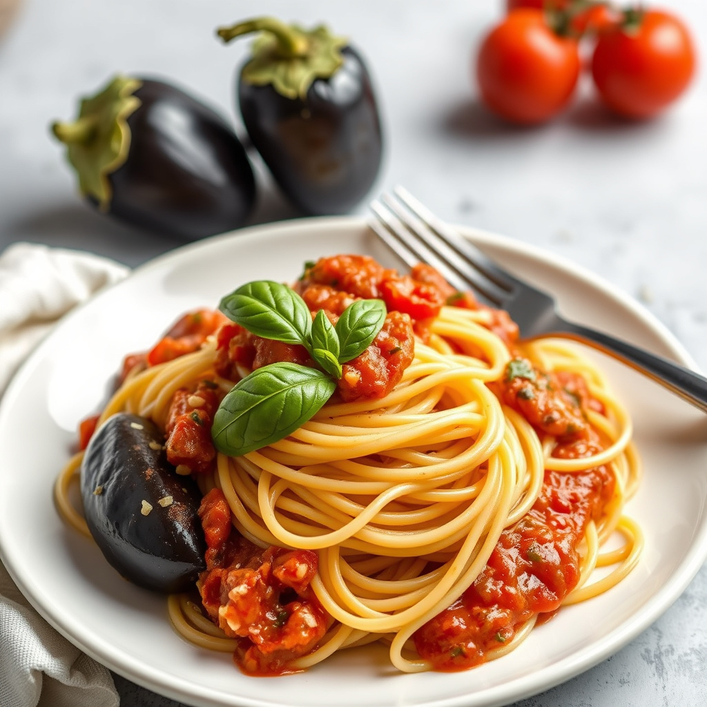 Spaghetti med aubergine- og tomatsaus