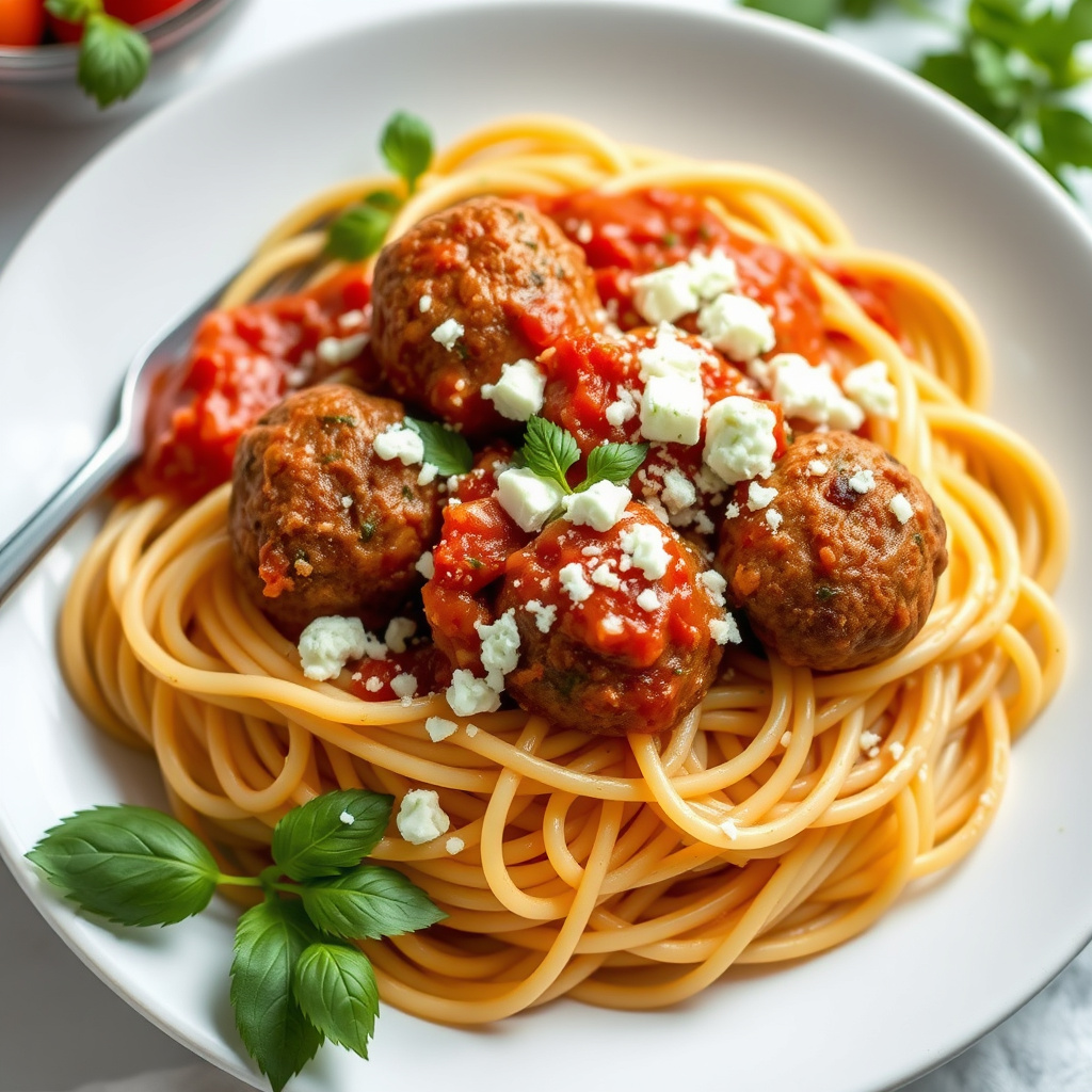 Spaghetti med greske kjøttboller og tomat- og fetaostsaus