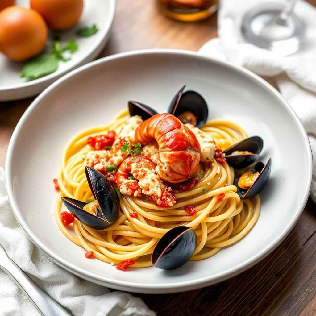 Spaghetti med hummer og blåskjell