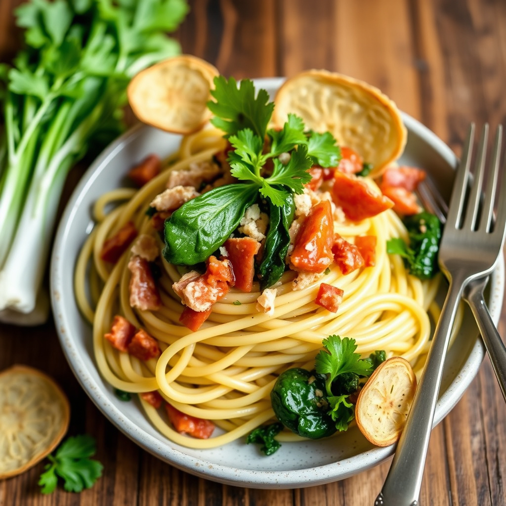 Spaghetti med pancetta, escarole og hvitløkschips