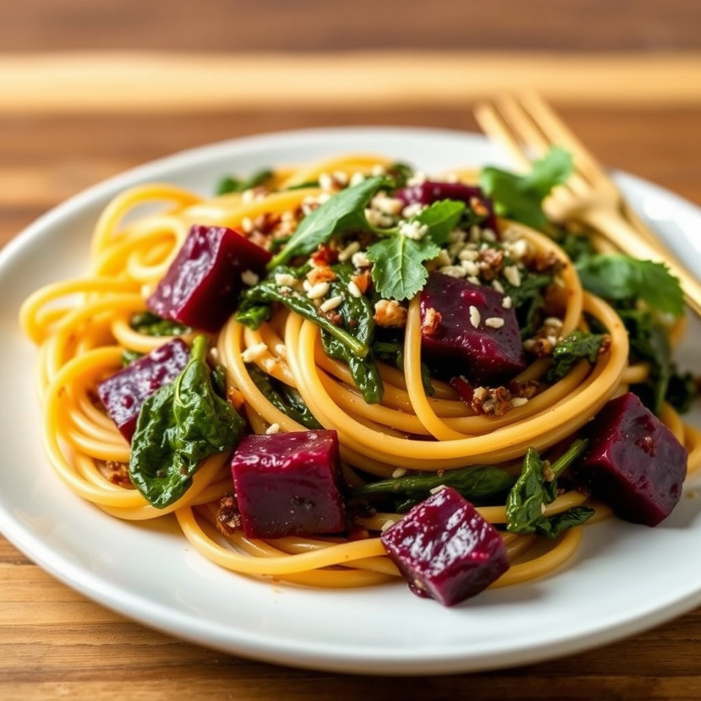 Spaghetti med rødbetblader og hvitløk