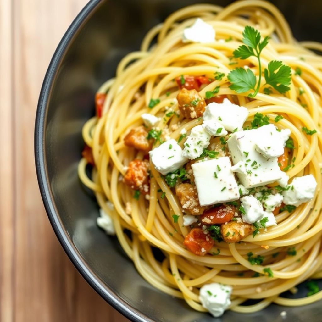 Spaghetti med sauterte løk, fetaost og urter