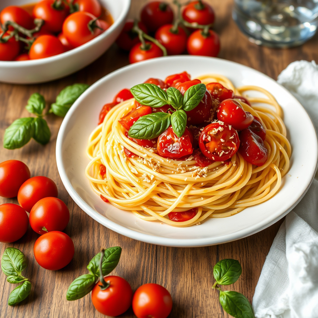 Spaghetti med sprengte cherrytomater