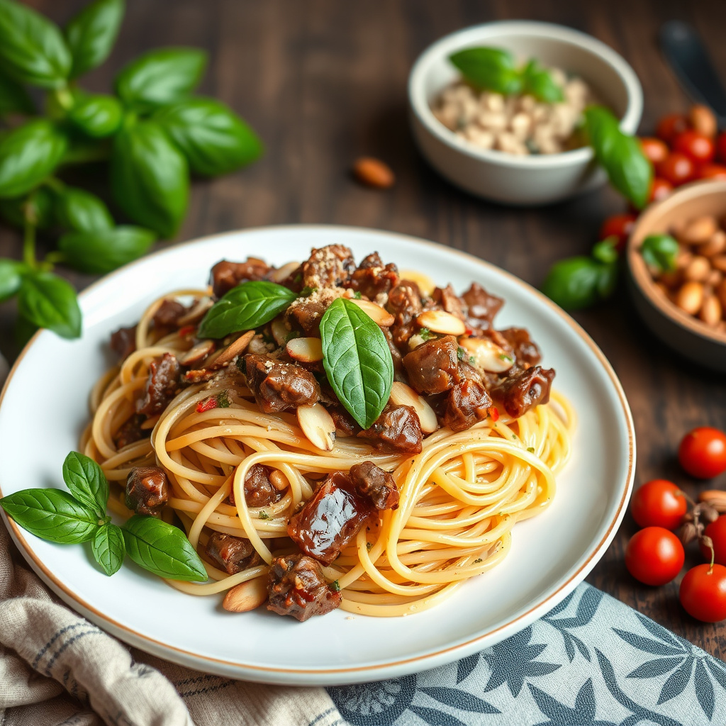 Spaghetti med storfekjøtt, røkte mandler og basilikum