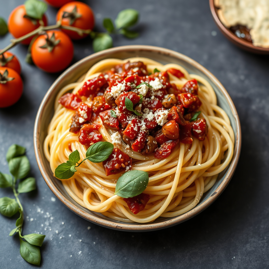 Spaghetti med tapenade-saus og ovnsbakte tomater