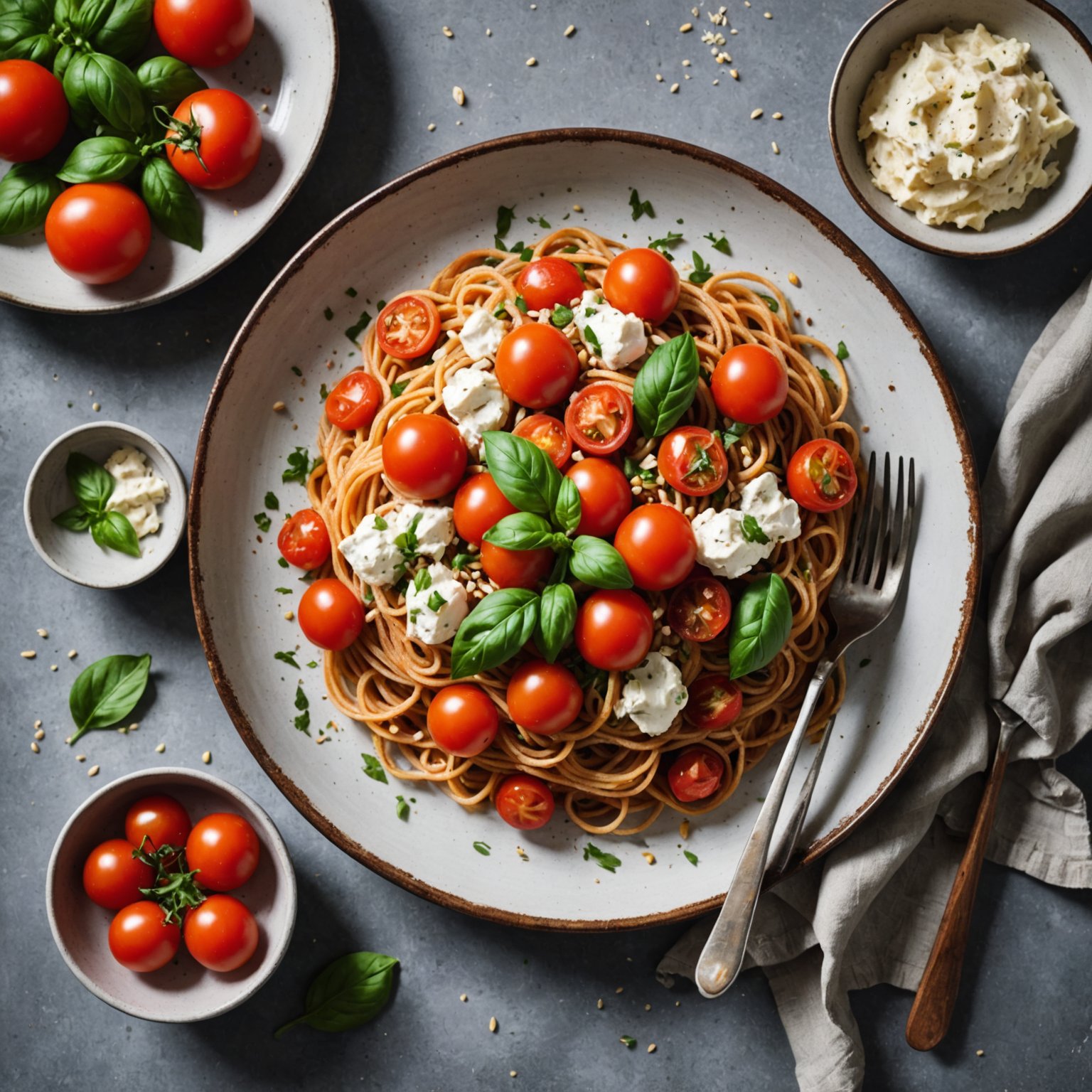 Speltspaghetti, cherrytomater og bakt ricotta