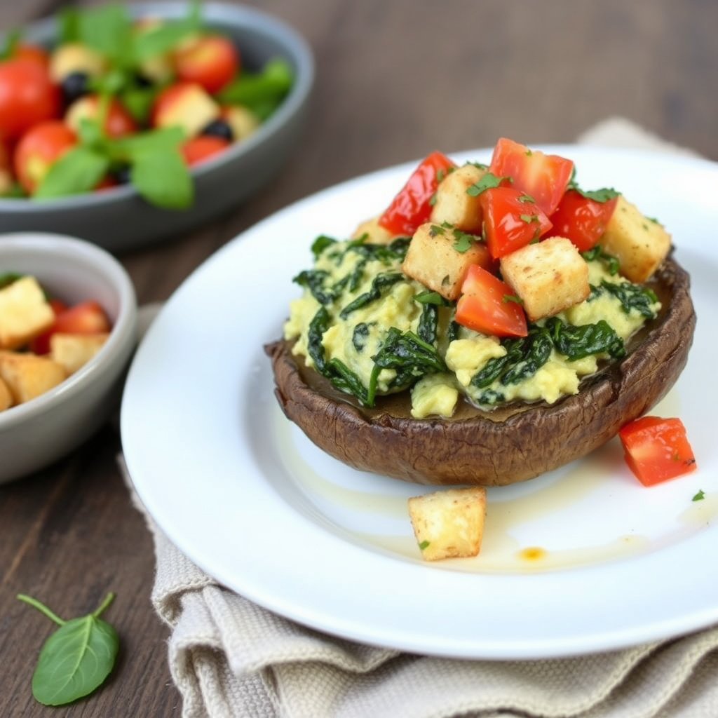 Spenat- og artisjokkfylte portobelloburgere med brødsalat