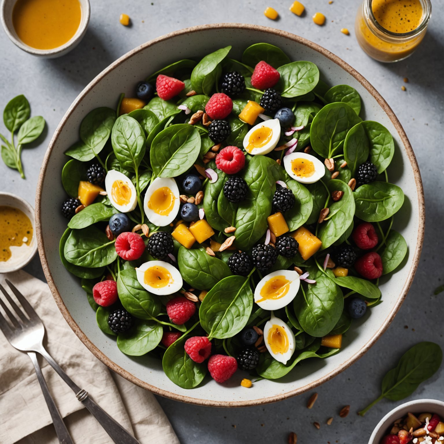 Spinat- og bærsalat med curry-dressing