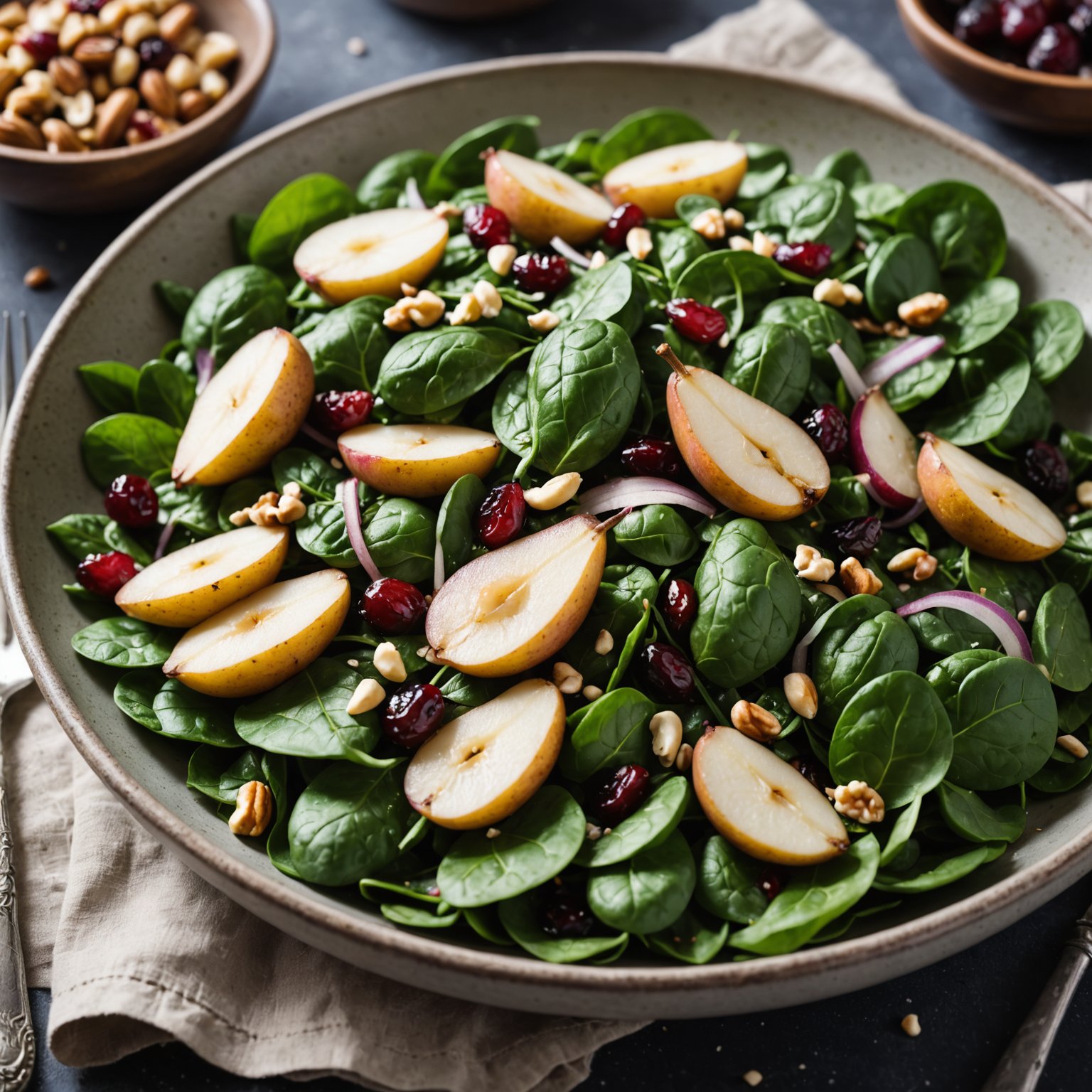 Spinat- og pæresalat med tranebær og ristede hasselnøtter