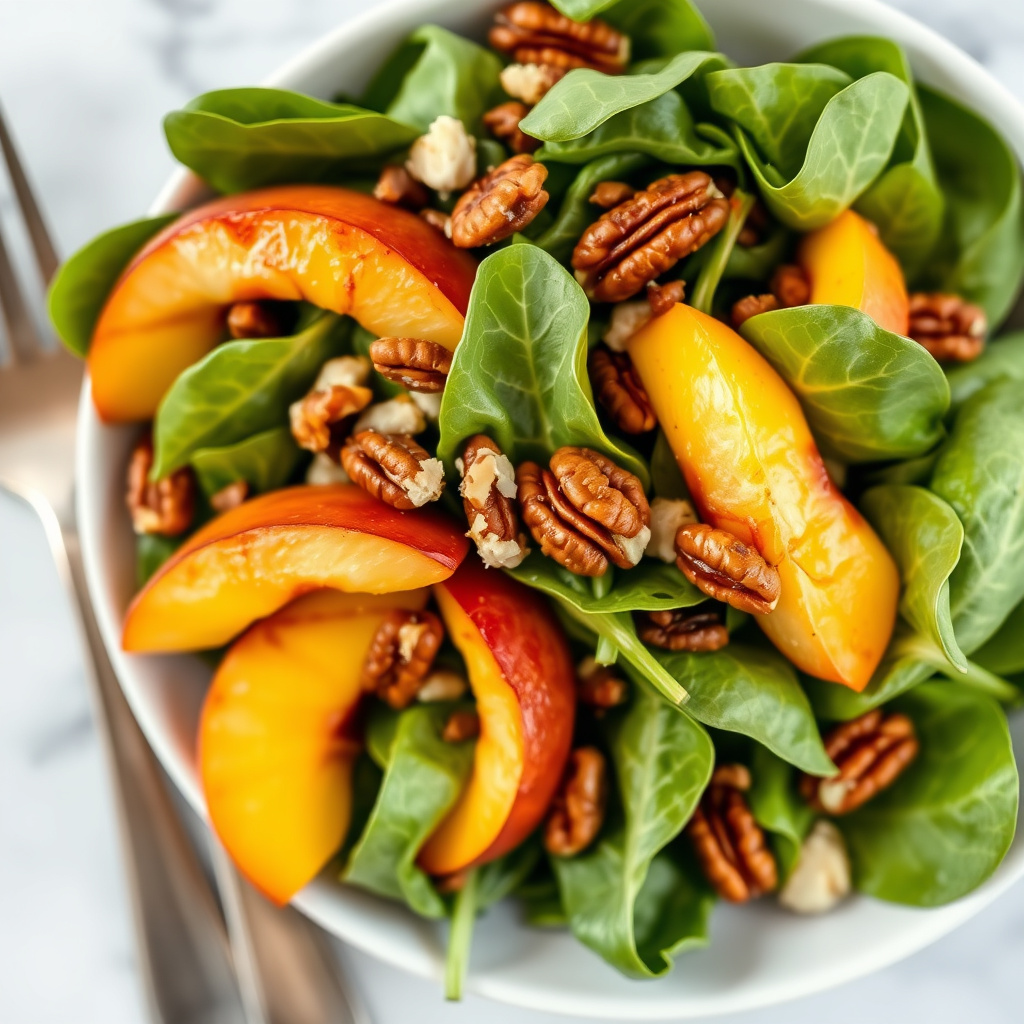 Spinat- og ferskensalat med pekannøtter