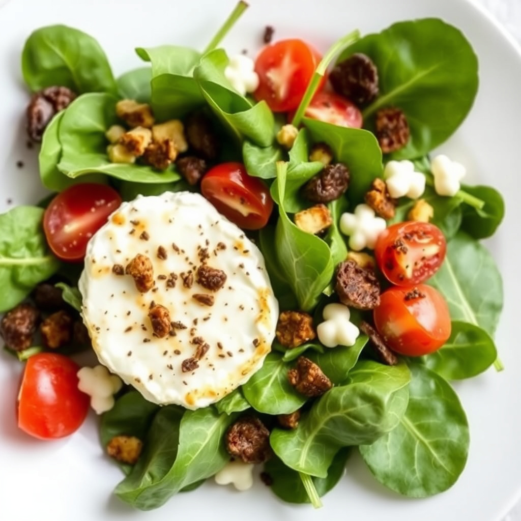 Spinat- og geitostsalat med ovnsbakt geitost