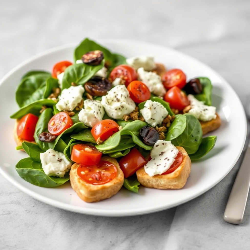 Spinat- og geitostsalat med pita-krutonger