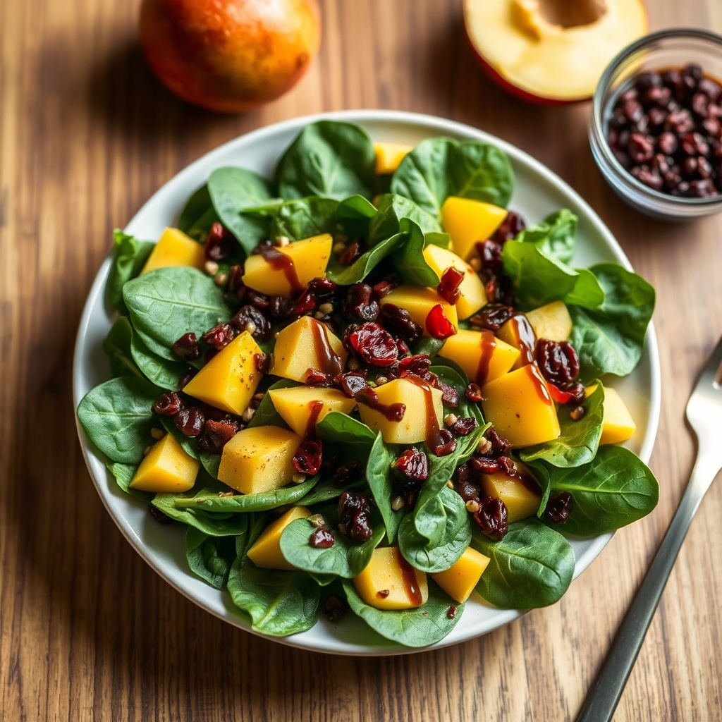 Spinat- og mangosalat med tørkede tranebær og sjokoladenvinaigrette