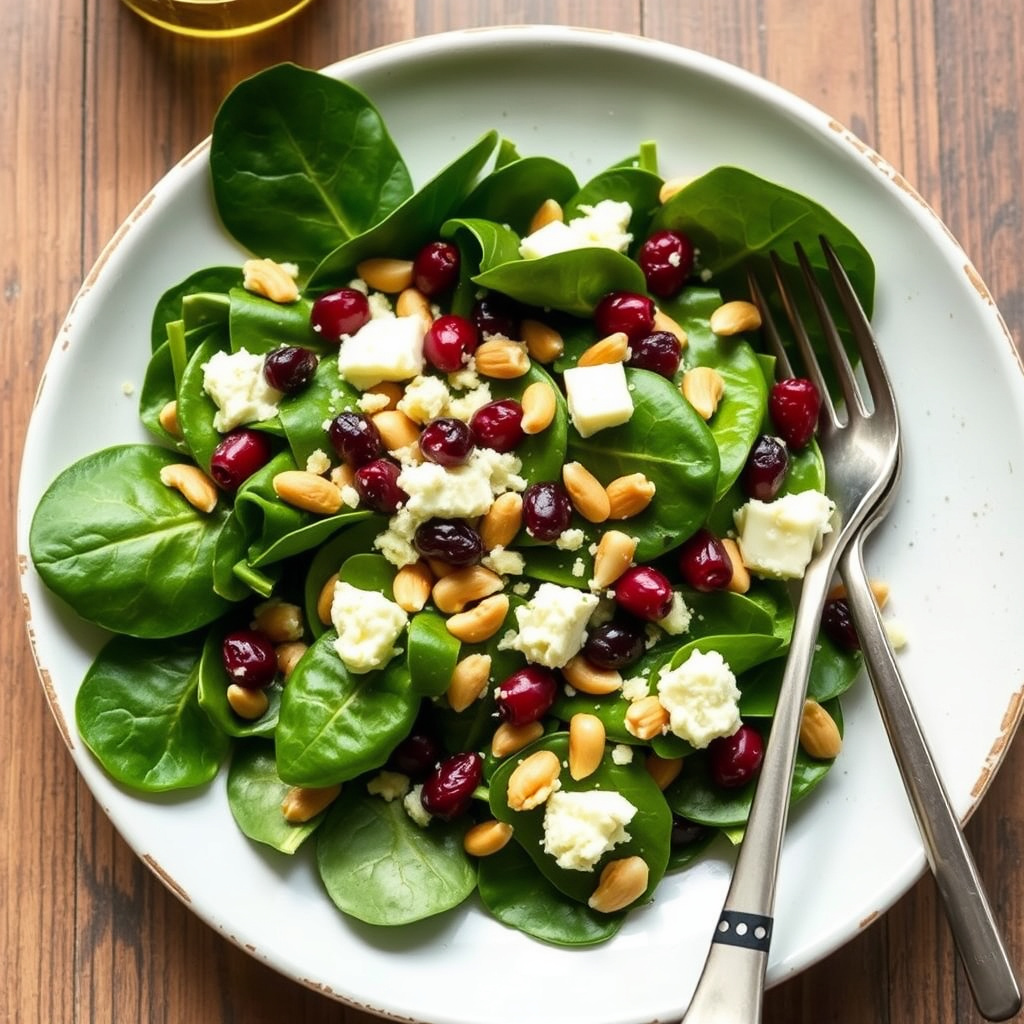 Spinat- og pecorinsalat med pinjekjerner og currants