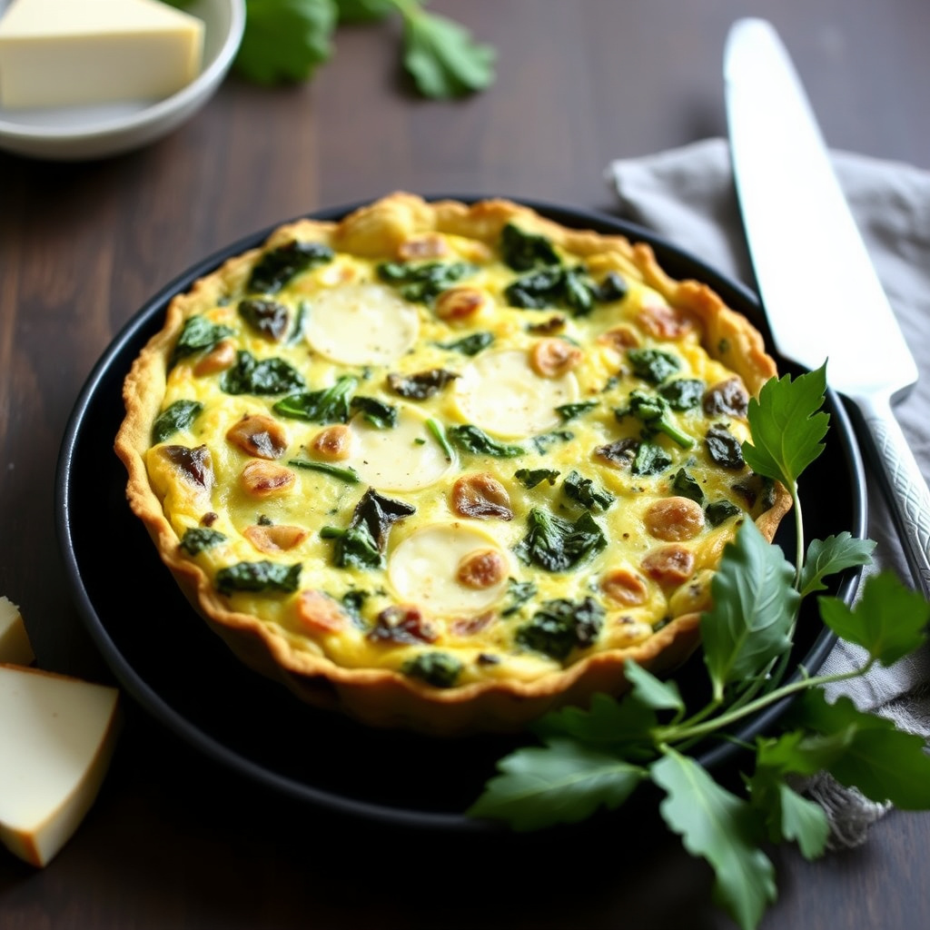 Spinat- og røykal Gouda-ostpai uten bunn