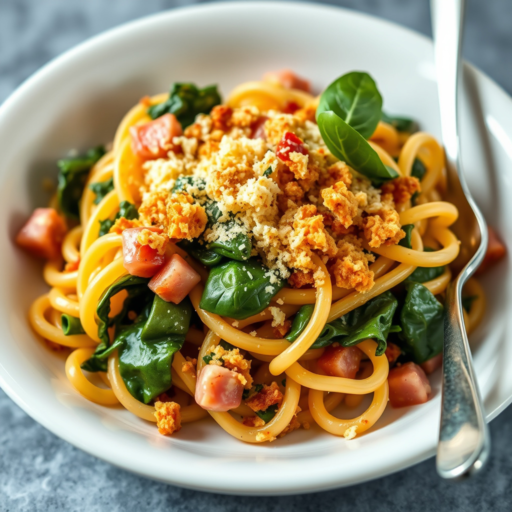 Spinat og varm skinke falsk-bakt pasta med sprø topp