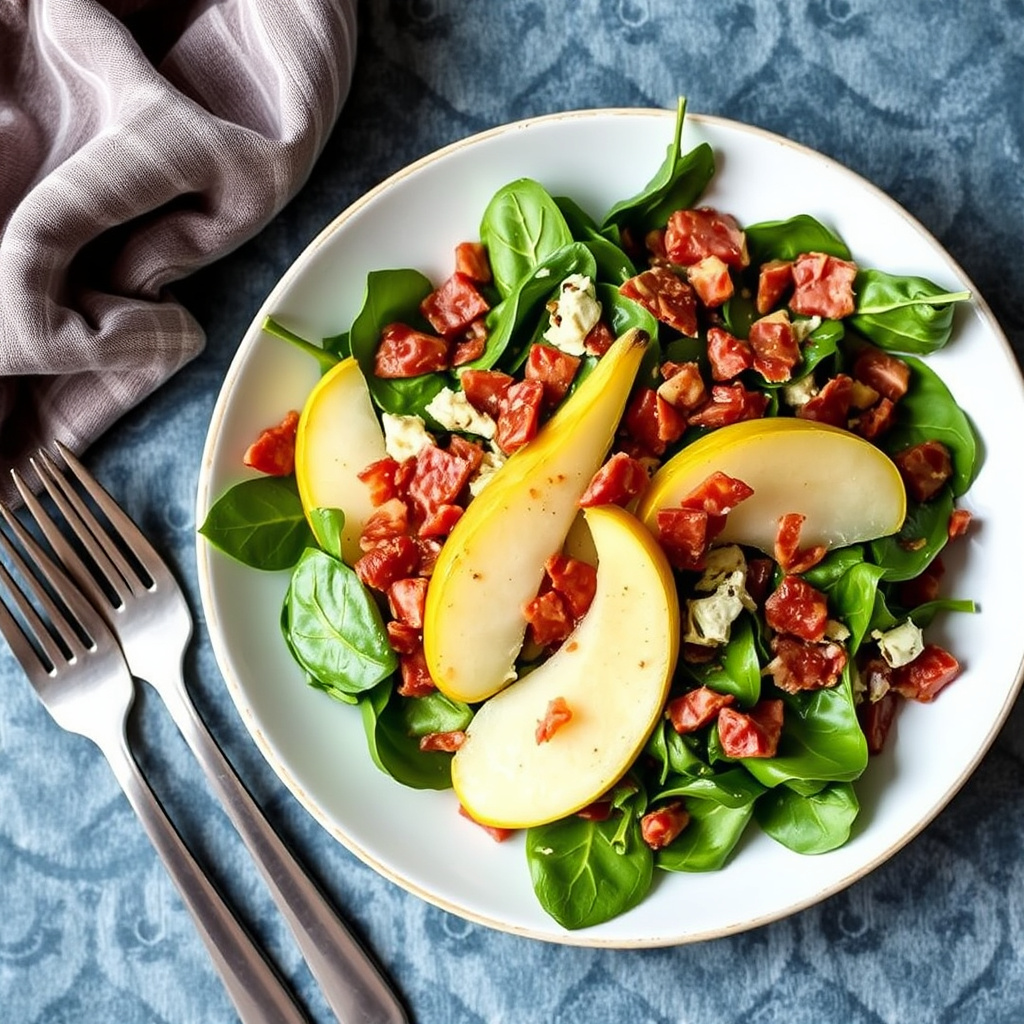 Spinat-, pære- og pancettasalat