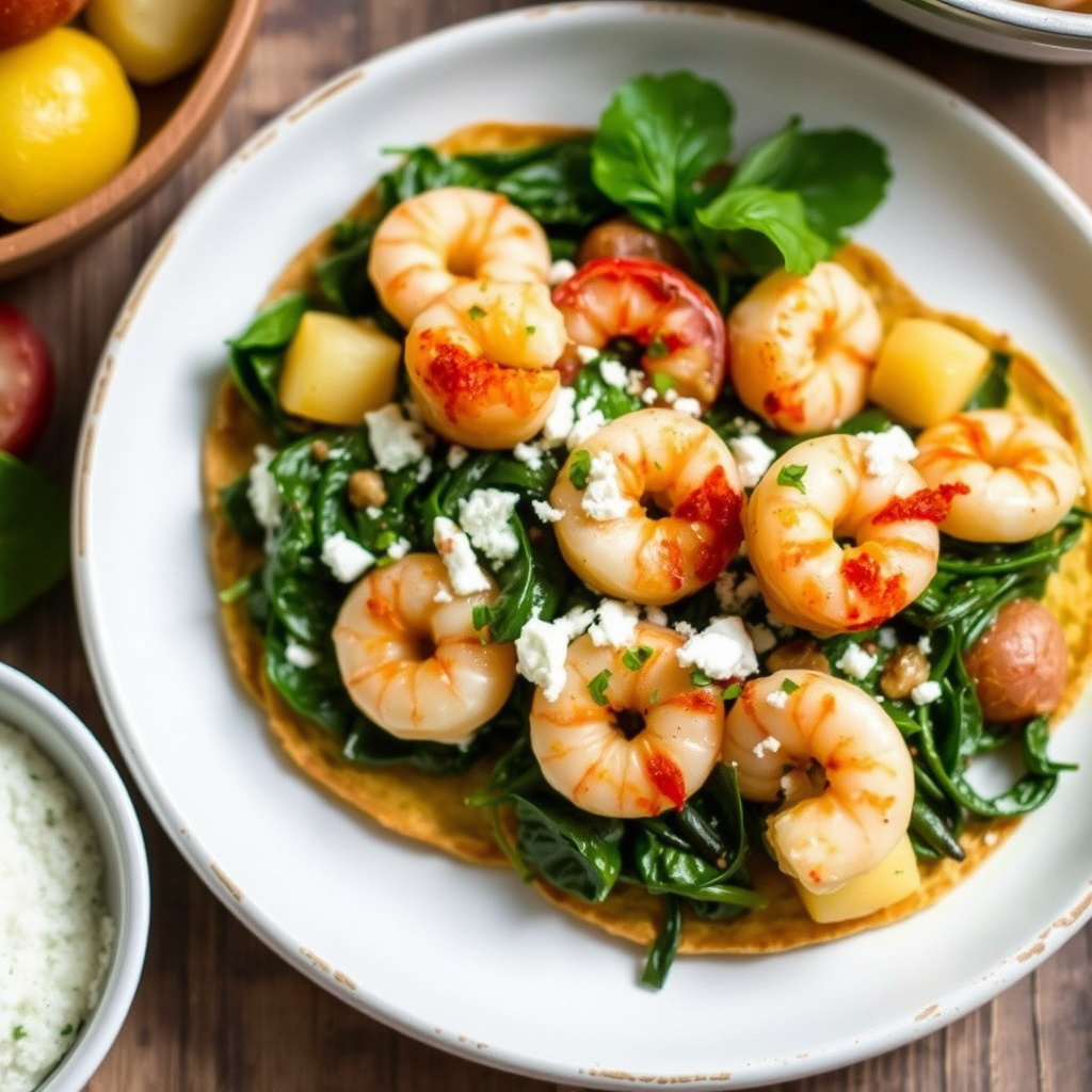 Spinat-tostadas med reker og poteter