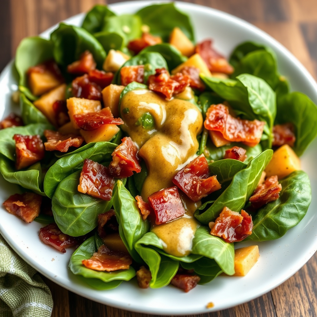 Spinatssalat med varm bacon og eplesiderdressing