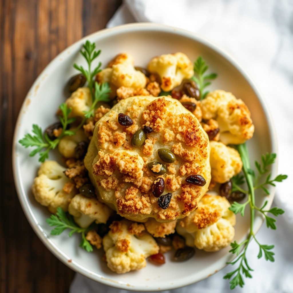 Sprø blomkål med kapers, rosiner og brødsmuler