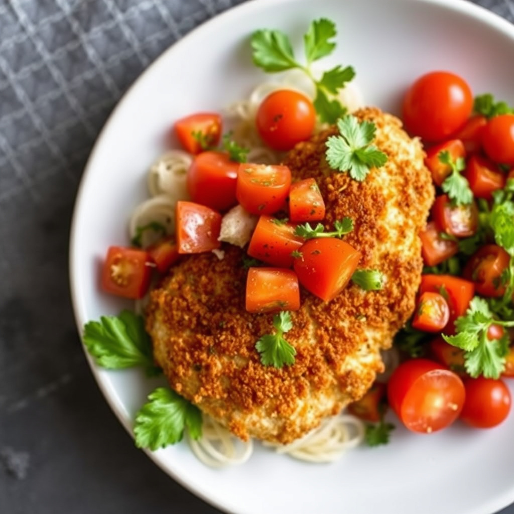 Sprø kyllingfileter med panzanella av cherrytomater