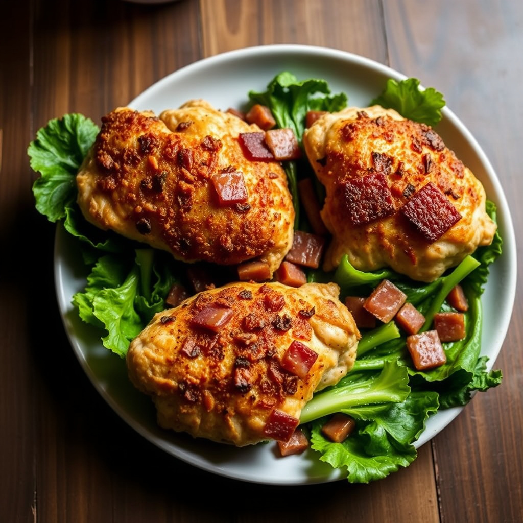 Sprø kyllinglår med bacon og wiltet escarole