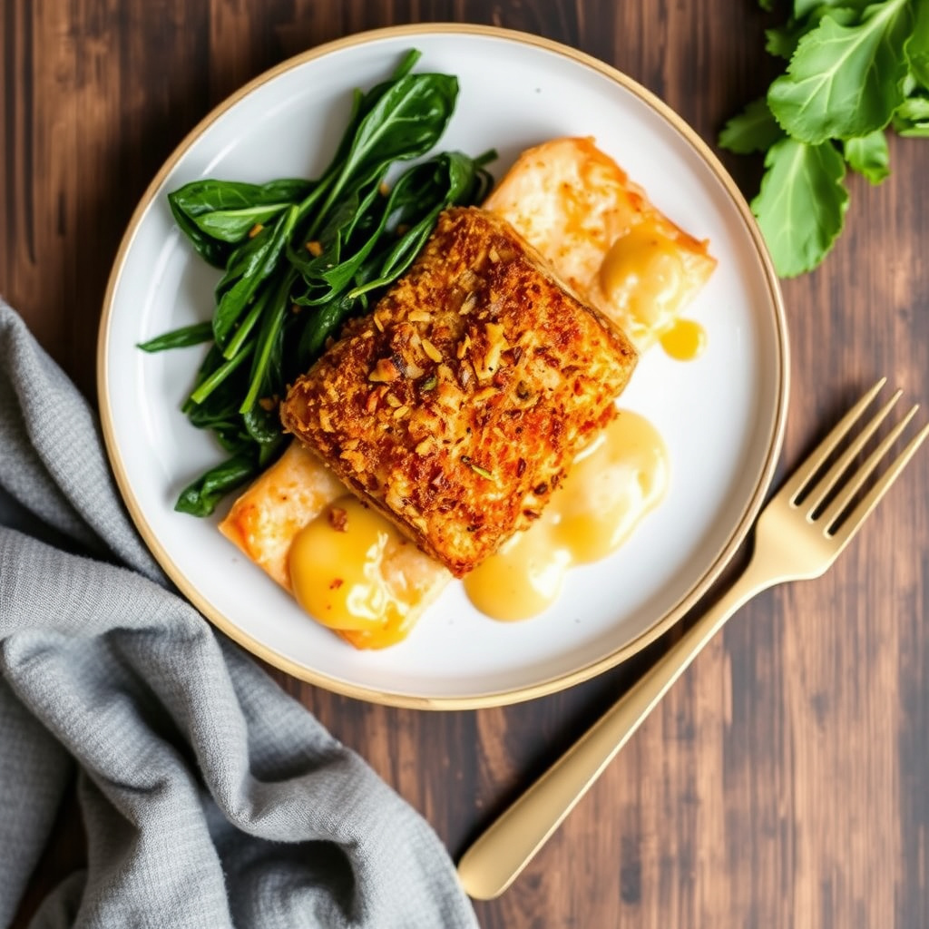 Sprø laks innpakket i potet med sennepssaus og wiltet spinat