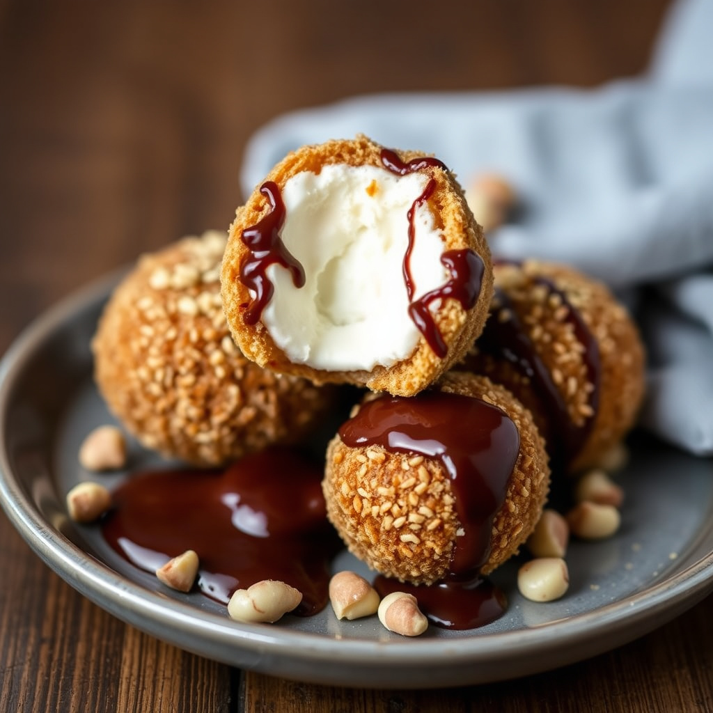 Sprø macadamia-nøtt-friterte iskremkuler med sjokolademacadamia-nøttsaus