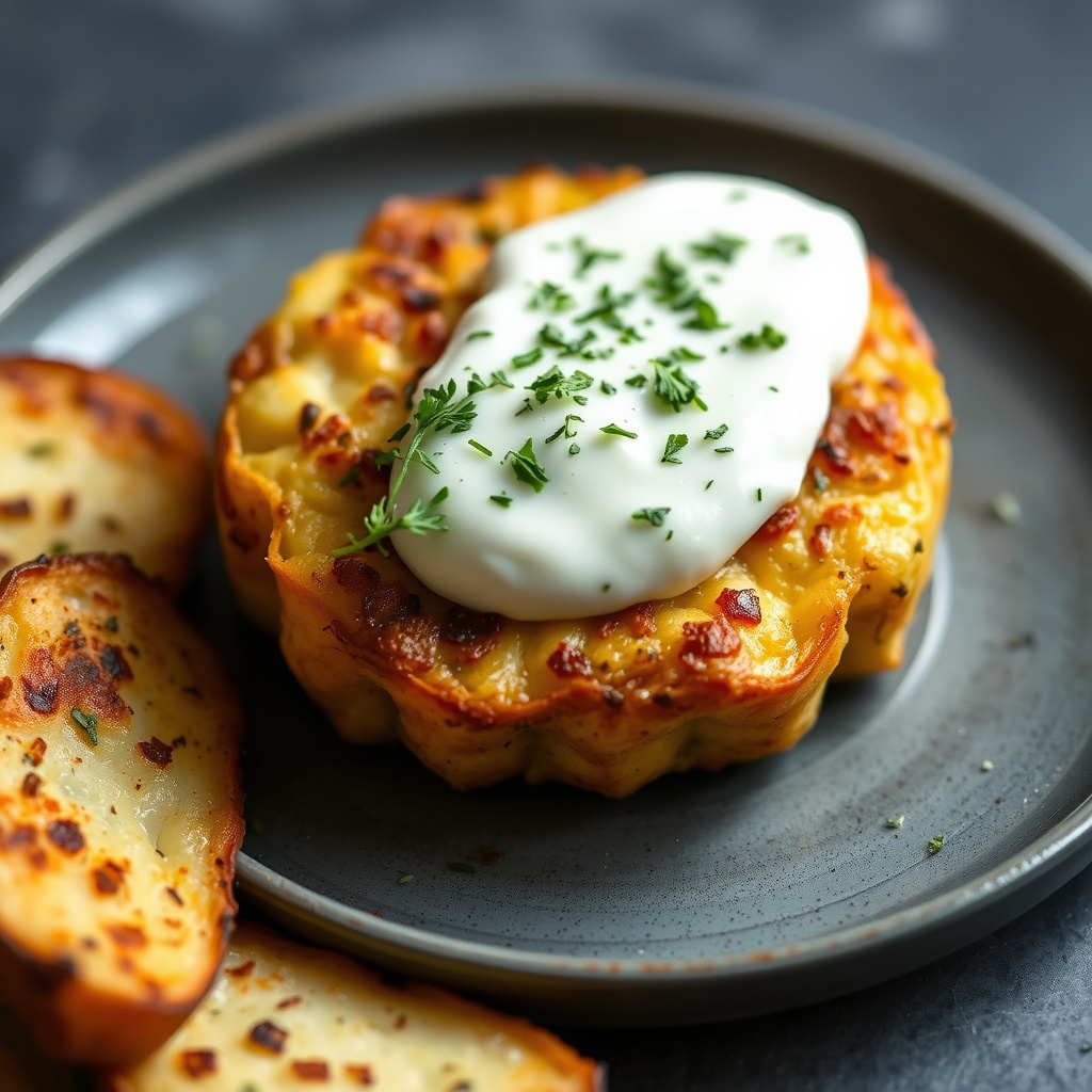 Sprø potetkake med kyllinglever og urtet fromage blanc