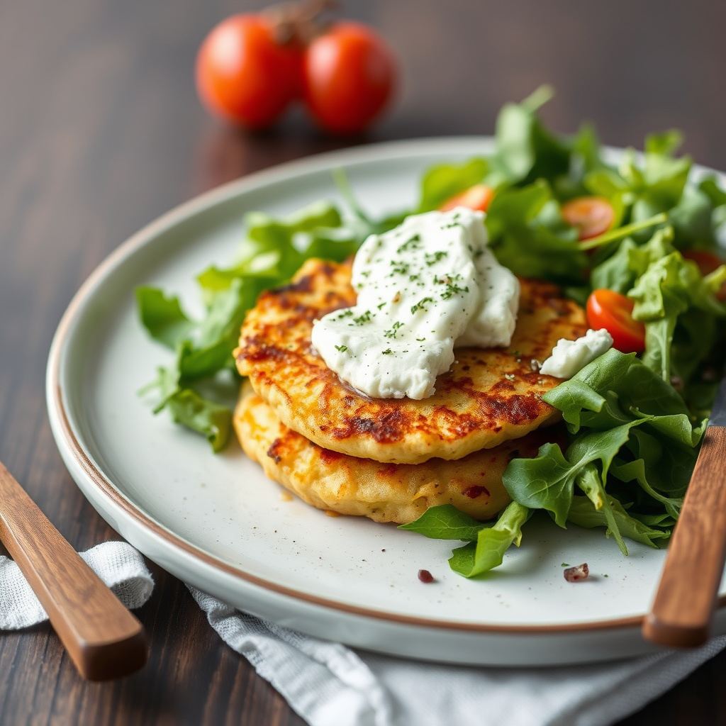 Sprø potetpannekaker med geitost på blandet grønt