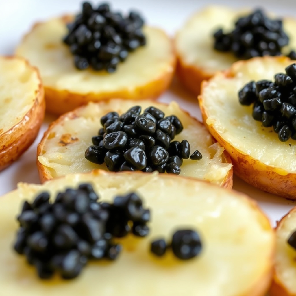 Sprø potetskiver med geitost og kaviar