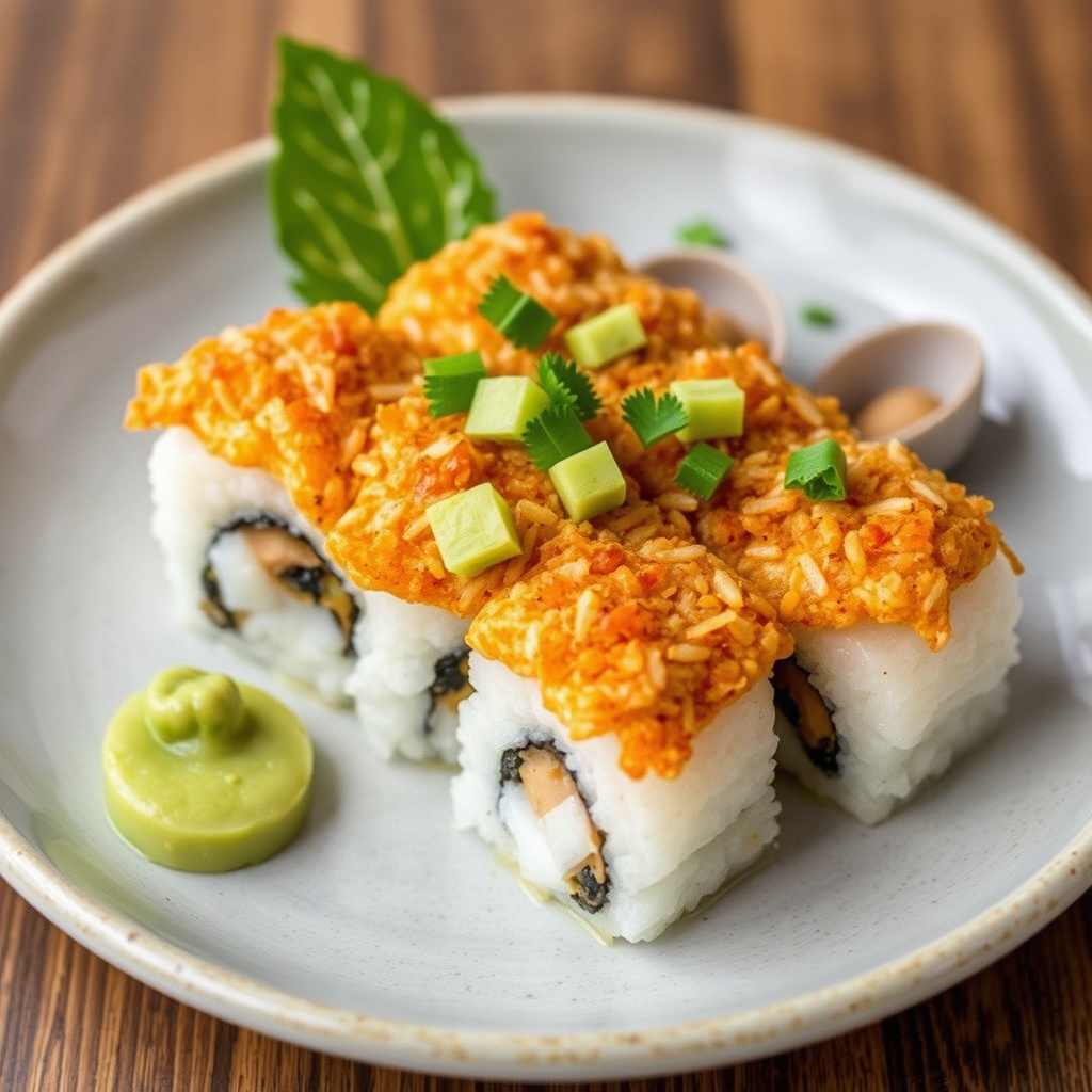 Sprø sushi med dampede blåskjell, wasabi og fermenterte svarte bønner