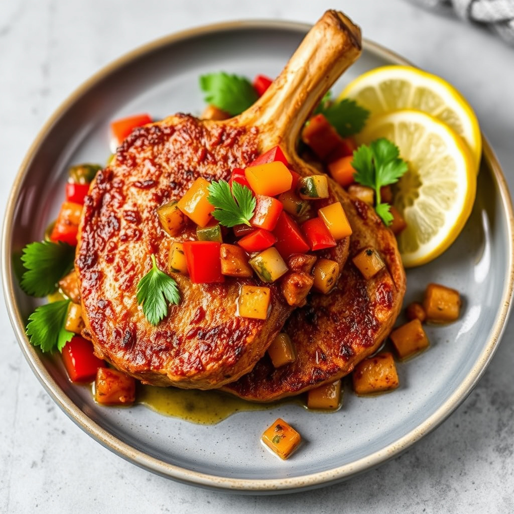 Sprø svinekoteletter med ovnsbakt paprika-relish