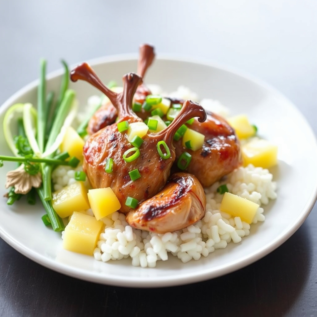 Sprø vaktel med ananas og vårløk