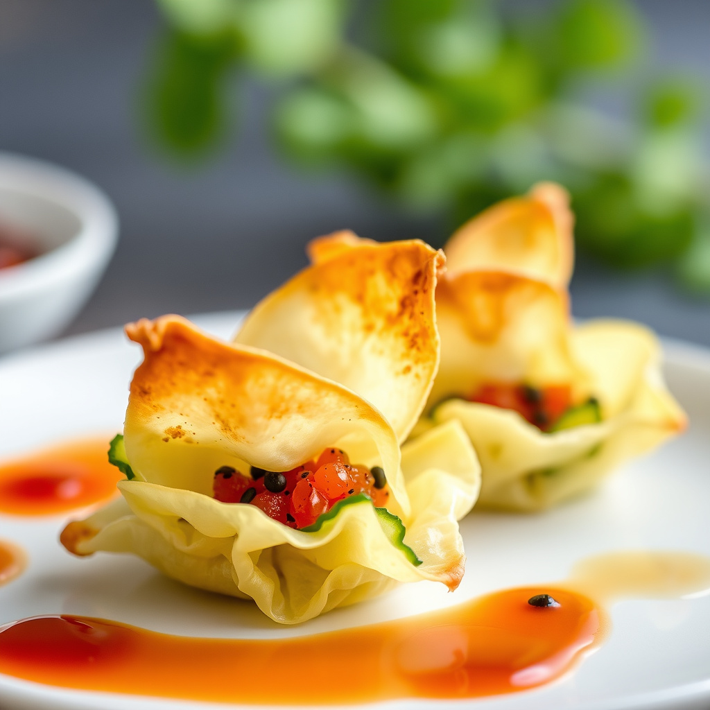 Sprø wonton med agurk og tobiko-kaviar