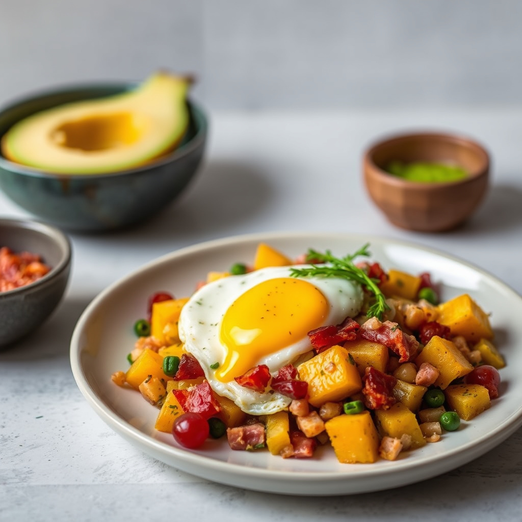 Squash- og baconhash med egg