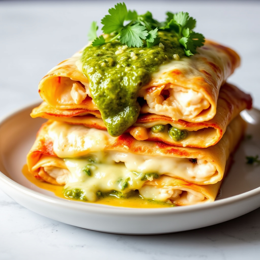 Stablede kyllingenchiladas med salsa verde og ost