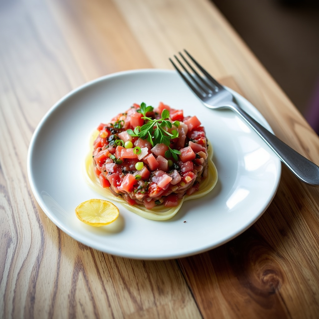 Steak tartar på ficelle med liljebuljongchips